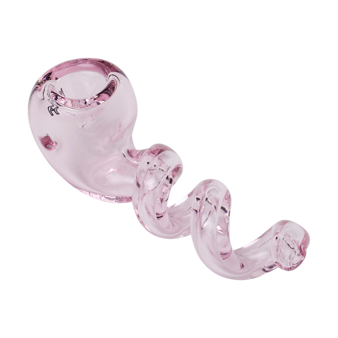 Human Grade Corkscrew spoon pipe in pink glass, showing the coiled corkscrew stem and deep bowl