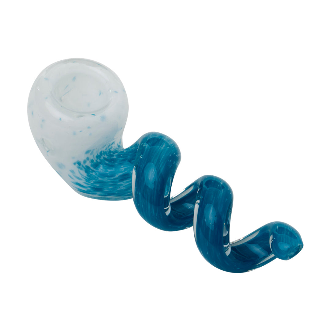 Human Grade Corkscrew spoon pipe with a white frit bowl and blue coiled stem