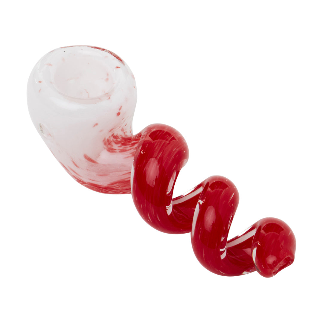 Human Grade Corkscrew spoon pipe with a white frit bowl and red coiled stem