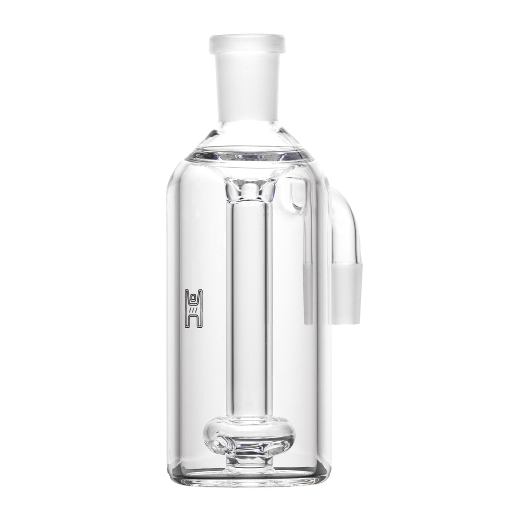Human Grade Standard Ash Catcher, angled front view of the borosilicate chamber and internal showerhead perc