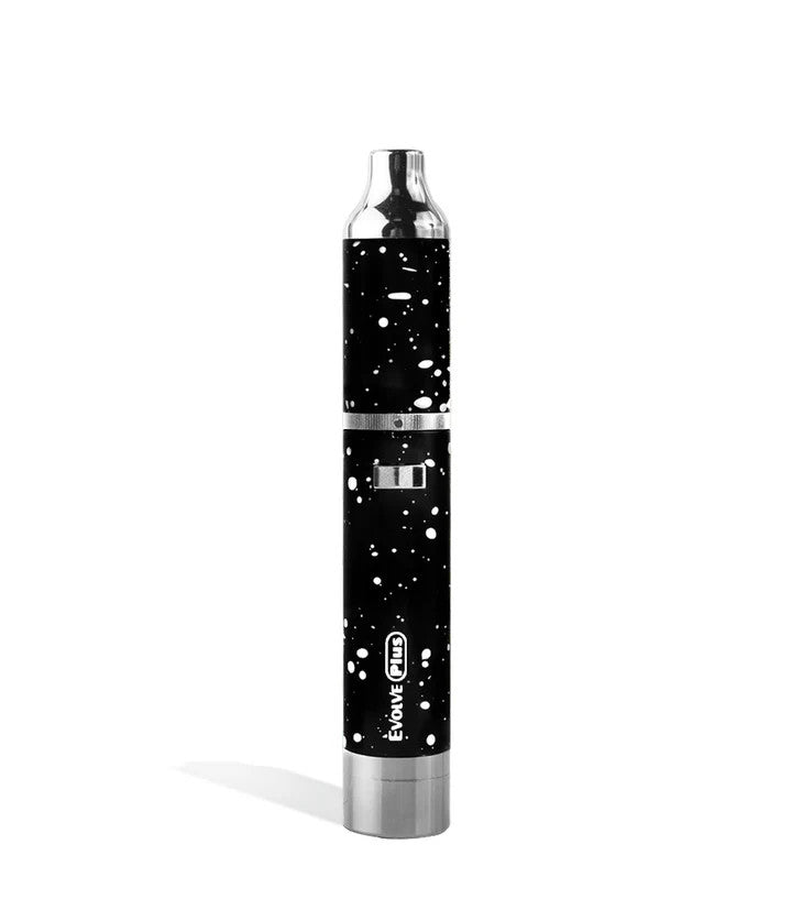 Wulf Mods Evolve Plus Concentrate Vaporizer in Black and White Splatter finish, vertical profile emphasizing textured body and atomizer top cap.