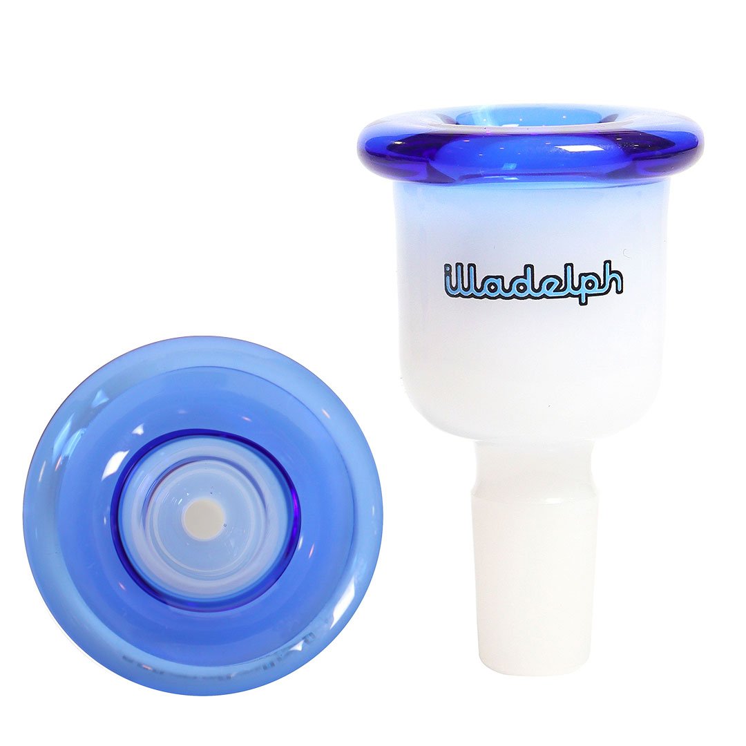 Illadelph 14/20 Single Hole Bell Slide White &amp; Sea Blue — signature bell-shaped 14mm male glass slide