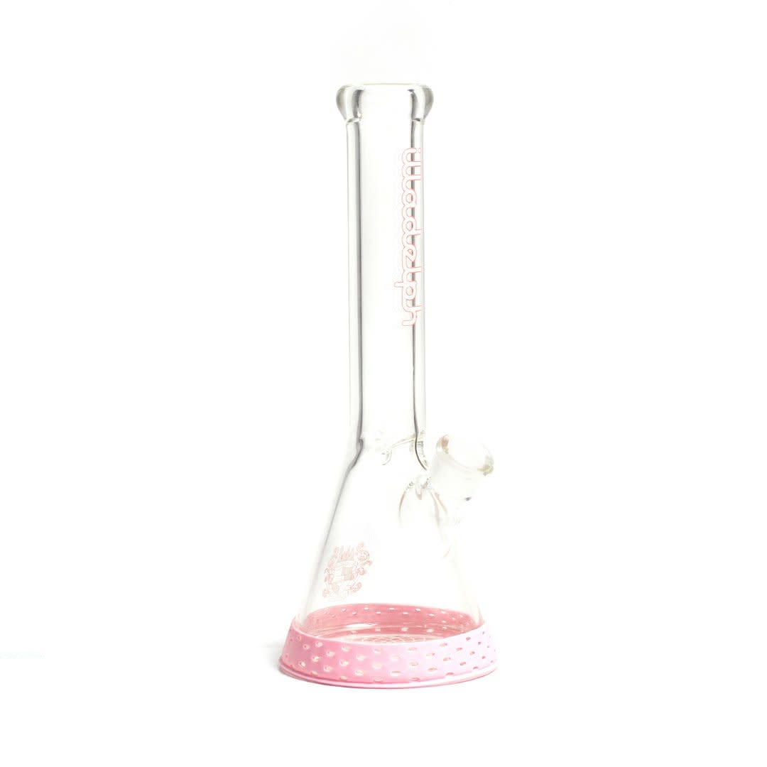 detailed close up of the illadelph mini beaker resting in the pink silicone base bumper highlighting the molded rim and stable footing