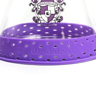 purple illadelph mini base bumper holding an illadelph mini beaker securely demonstrating enhanced base cushioning and surface stability