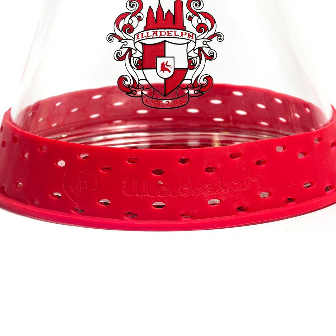illadelph mini base bumper in red installed on an illadelph mini beaker demonstrating the secure silicone grip and added stabilization for the glass base
