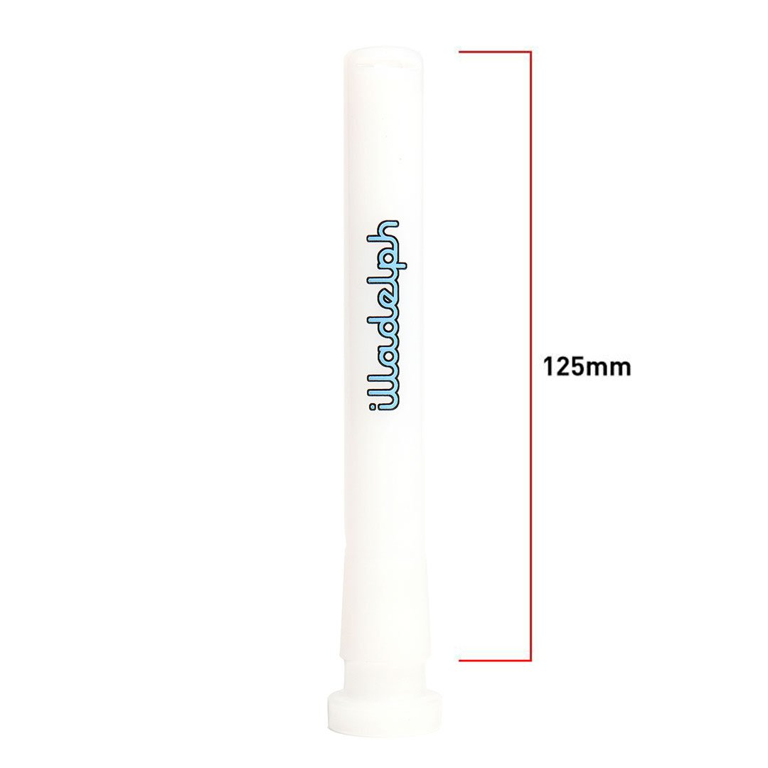 Illadelph Mini OG Downstem in White with Blue Logo – 125mm precision glass downstem, 14mm female to 18mm male joint, fits Illadelph OG Series.