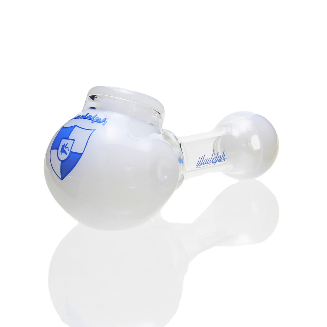 Illadelph Multi Hole Spoon Pipe White Blue — handheld glass spoon pipe with white body and blue color accents