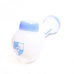Illadelph Multi Hole Spoon in White / Blue — hand-blown borosilicate glass hand pipe with signature 5-hole bowl, hero view.