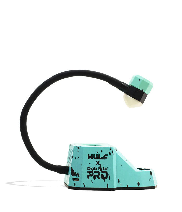 Dab Rite x Wulf Mods Pro Digital IR Thermometer in Teal and Black Splatter finish showing posable IR sensor arm extended and angled for banger temperature readings.