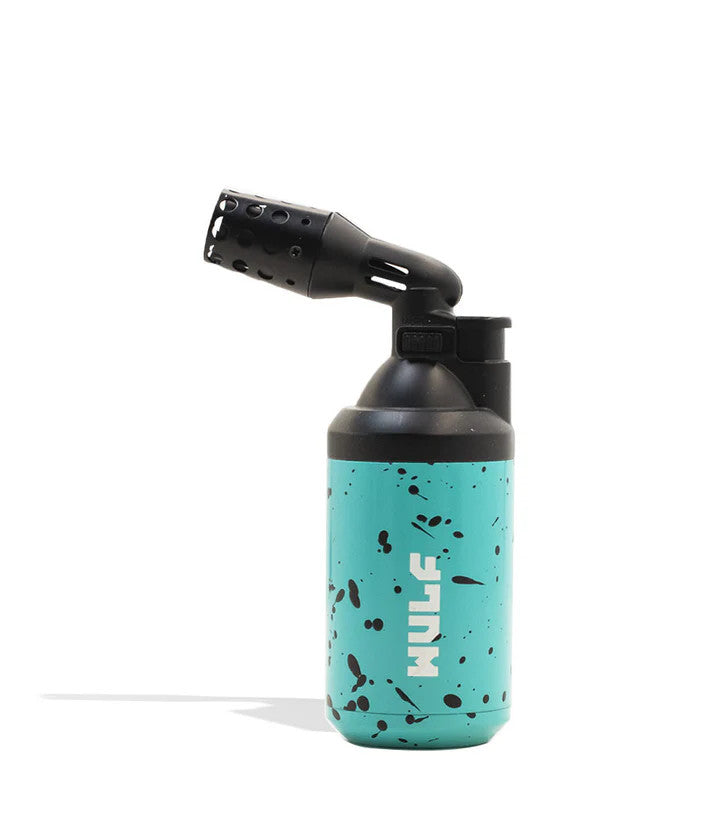 Wulf Mods Roar Torch – Teal with Black Splatter pattern, compact butane torch with angled flame nozzle.