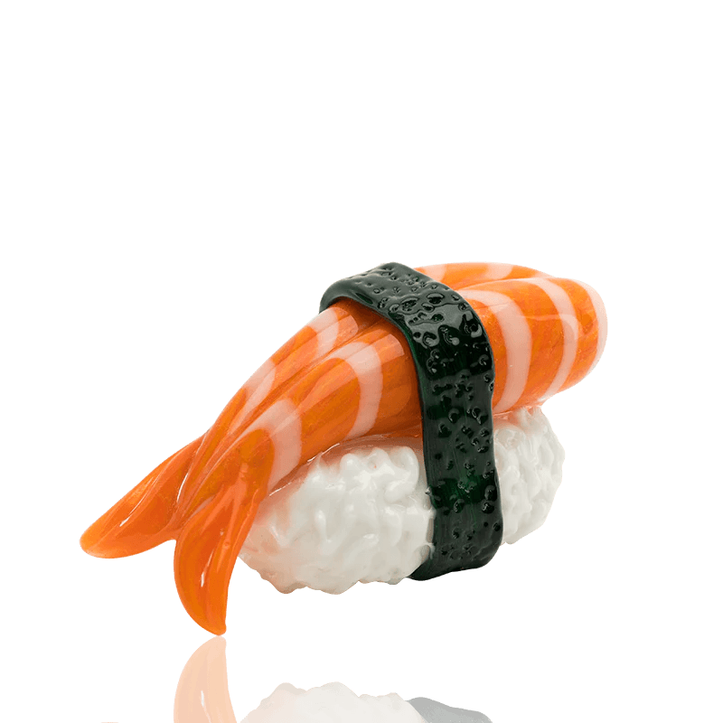 Empire Glassworks Shrimp Nigiri Pipe shaped like sushi with orange shrimp, white rice, and black seaweed, made from borosilicate glass. Unique hand-crafted pipe ideal for novelty smoking accessories.