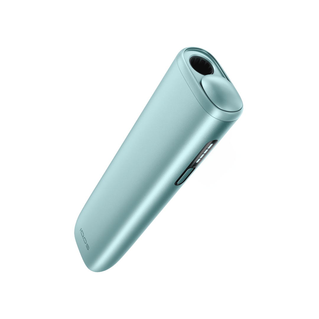 IQOS ILUMA i ONE Breeze Blue device angled to show the stick opening and side button