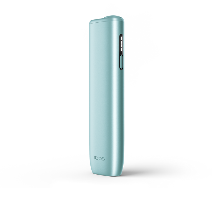 IQOS ILUMA i ONE Breeze Blue device standing upright, front view on white