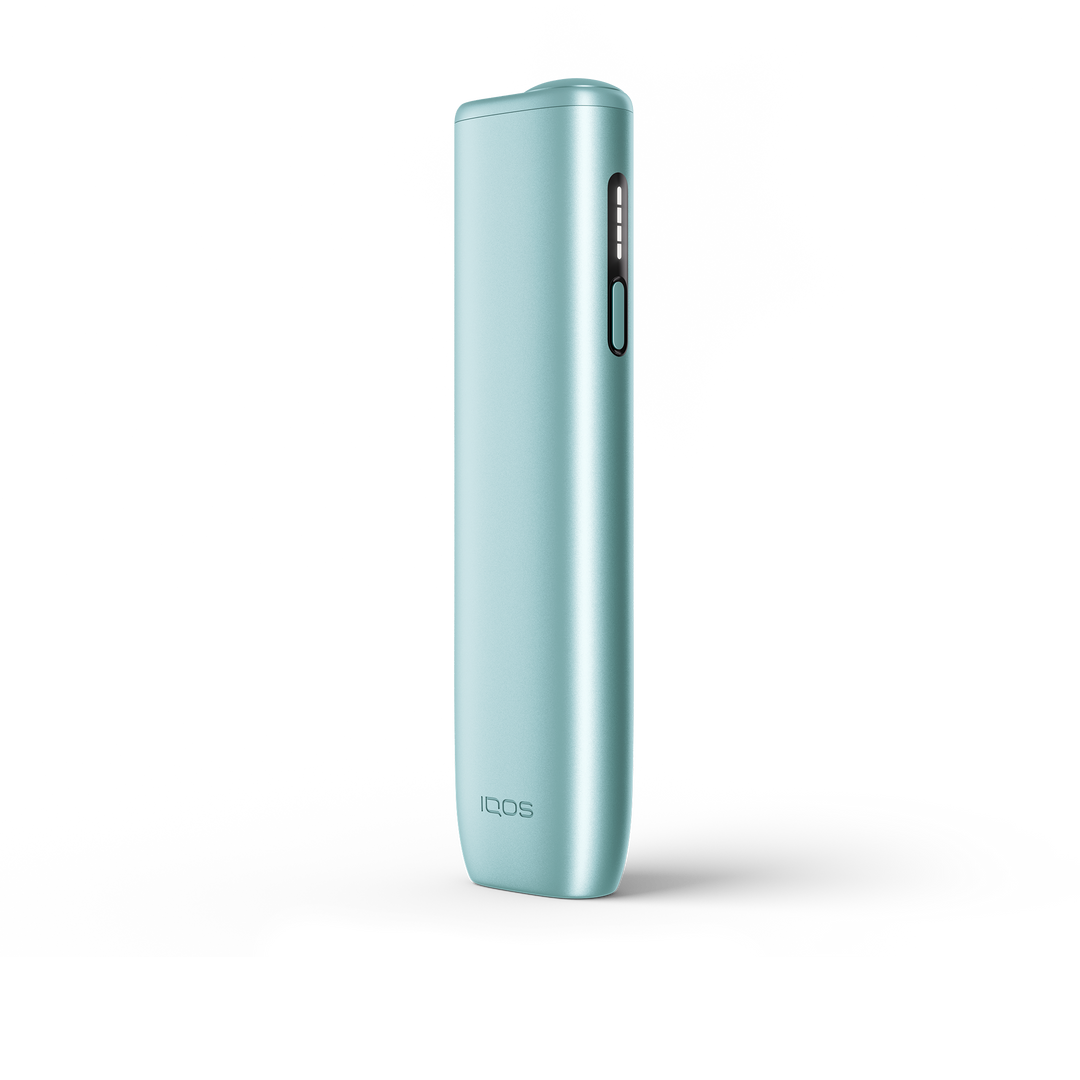 IQOS ILUMA i ONE Breeze Blue device standing upright, front view on white