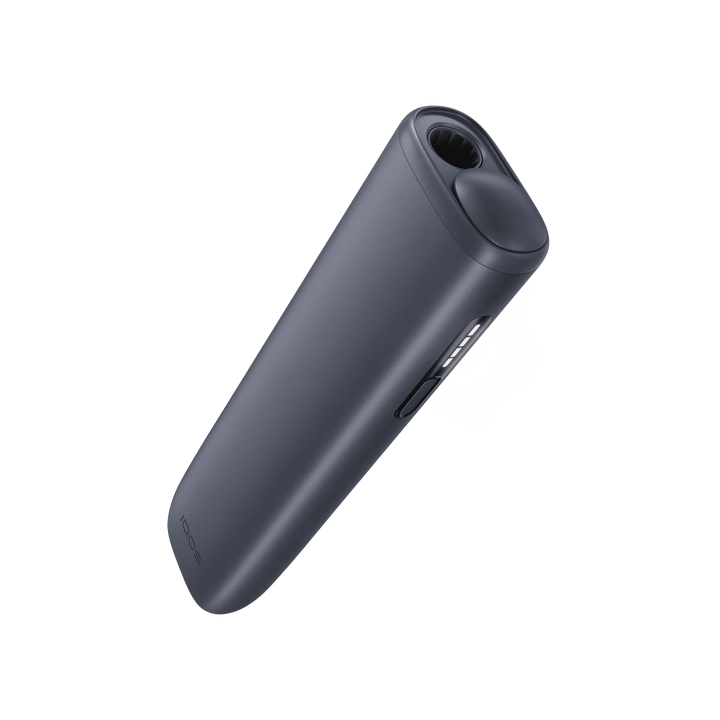 IQOS ILUMA i ONE Midnight Black device angled to show the stick opening and side button