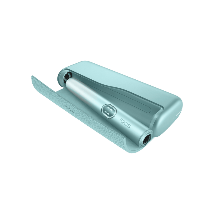 IQOS ILUMA i PRIME Breeze Blue pocket charger with the wraparound cover open and the holder docked inside