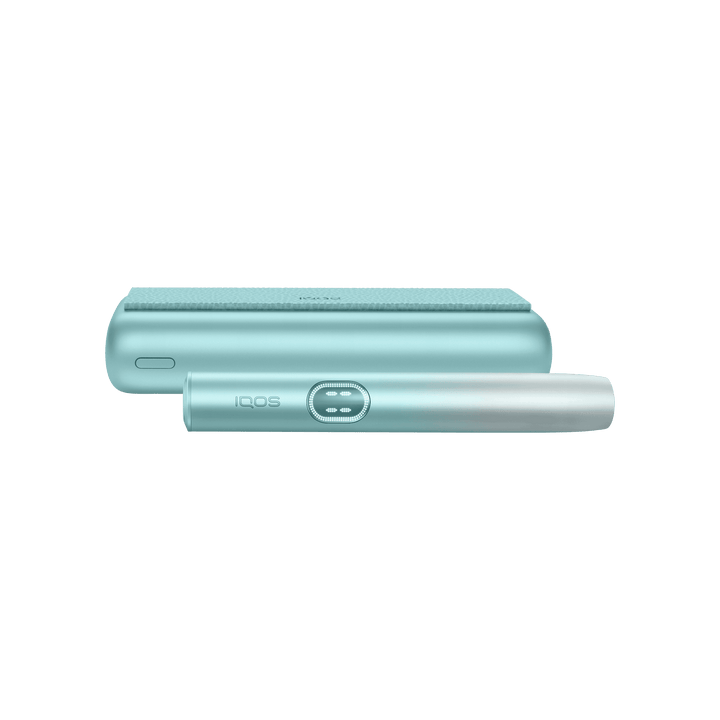 IQOS ILUMA i PRIME Breeze Blue pocket charger and holder in side profile
