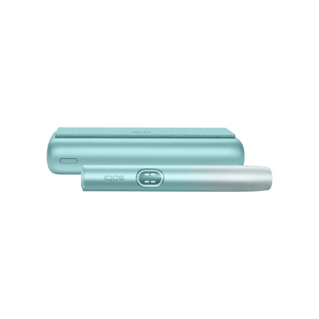 IQOS ILUMA i PRIME Breeze Blue pocket charger and holder in side profile