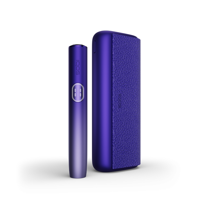 IQOS ILUMA i PRIME Electric Purple holder standing beside the closed pocket charger, front view
