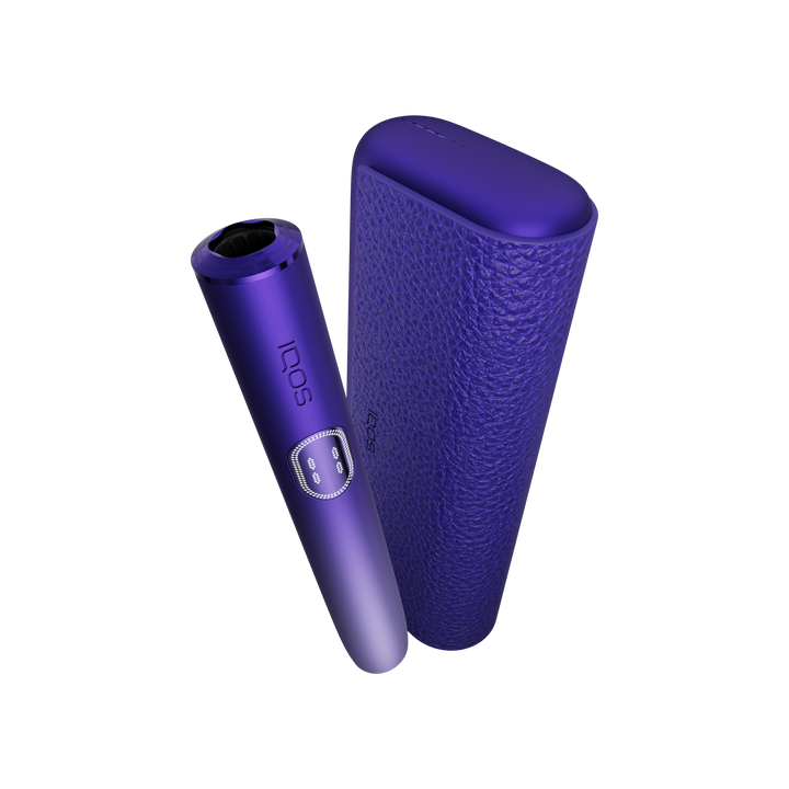 IQOS ILUMA i PRIME Electric Purple holder tilted in front of the closed textured pocket charger