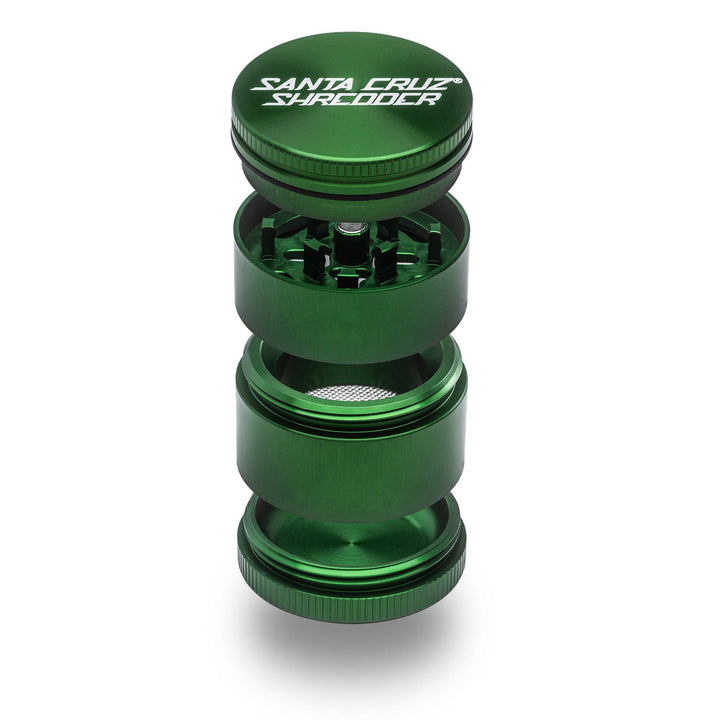 Santa Cruz Shredder 4-Piece Small Grinder in Green – precision-cut teeth and pollen screen shown in exploded view.