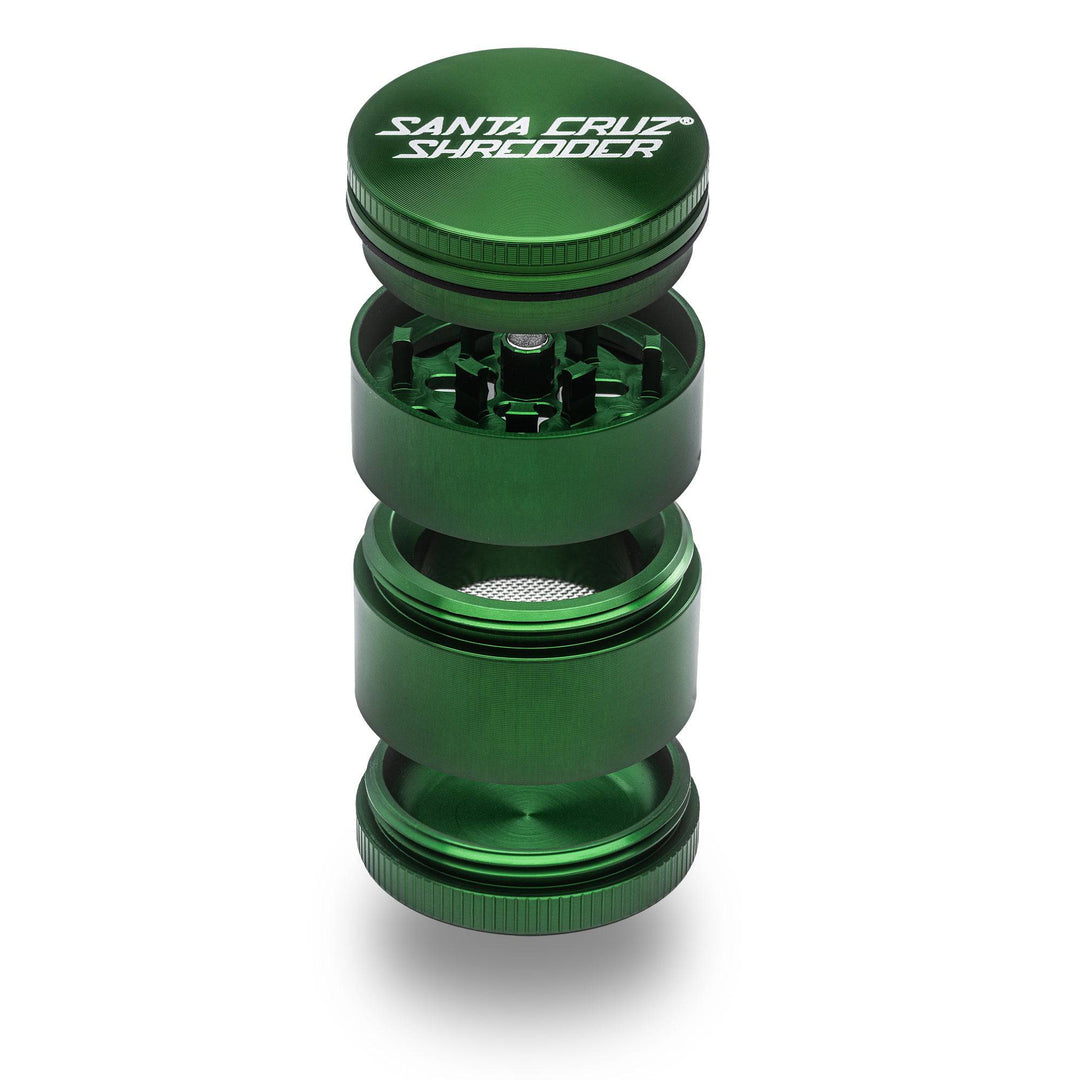 Santa Cruz Shredder 4-Piece Small Grinder in Green – precision-cut teeth and pollen screen shown in exploded view.