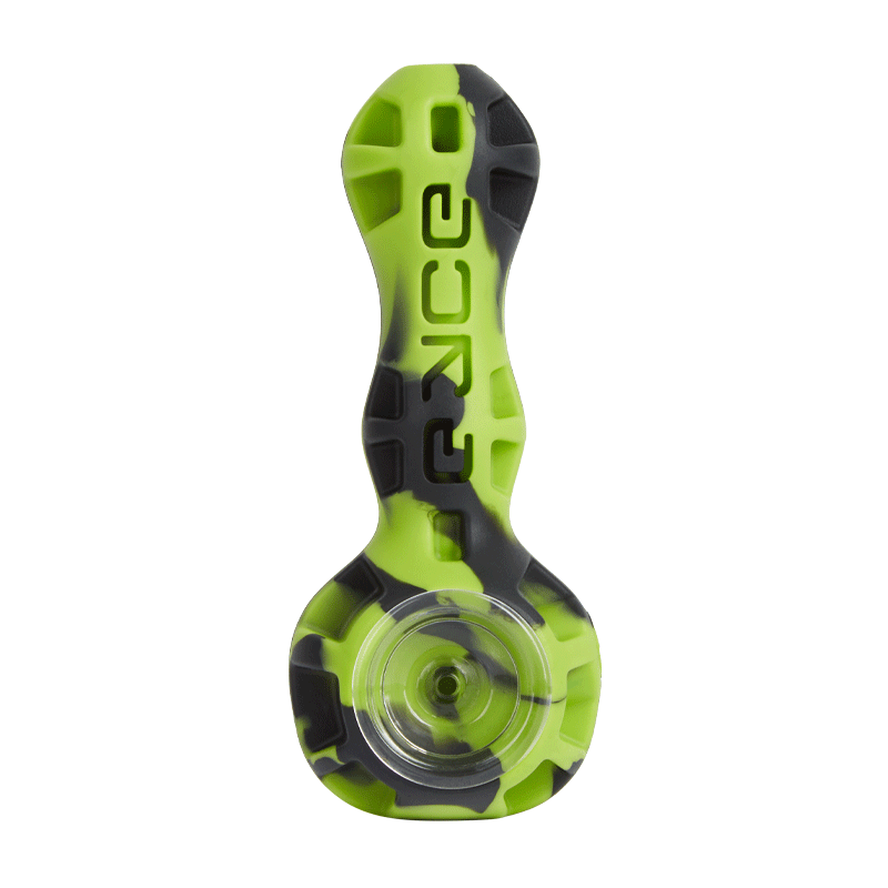 Eyce - Silicone Spoon Creature Green pipe featuring a durable, heat-resistant silicone body with black and green camo design and built-in glass bowl.