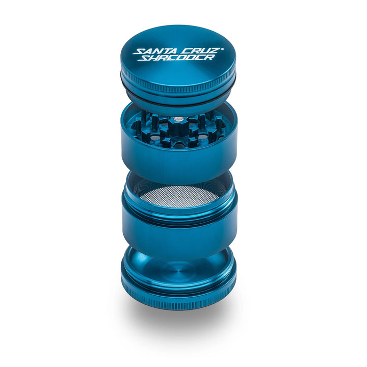 Teal Santa Cruz Shredder 4-Piece Medium Aluminum Grinder shown open.