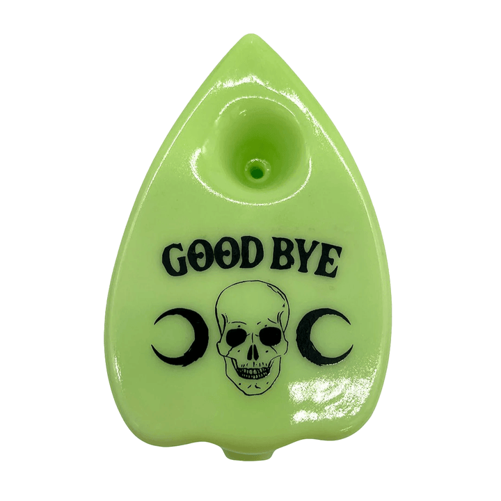 BlackCraft - Planchette Hand Pipe in neon green with skull, crescent moons, and 'GOOD BYE' text, perfect for spooky smoking sessions.
