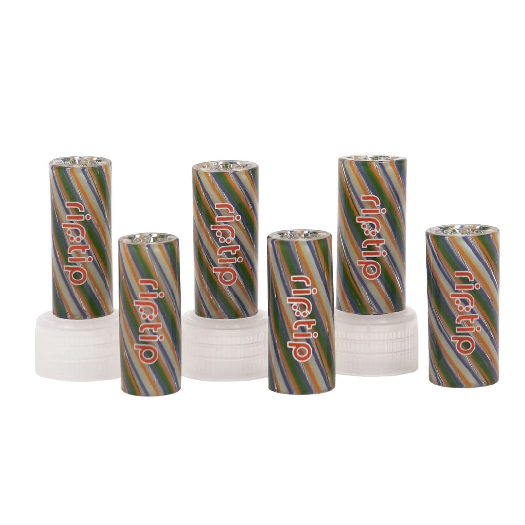 Phat Tuesday Gordo Scientific Rip Tips with yellow logo, reusable glass filter tips for joints, displayed upright on white caps.