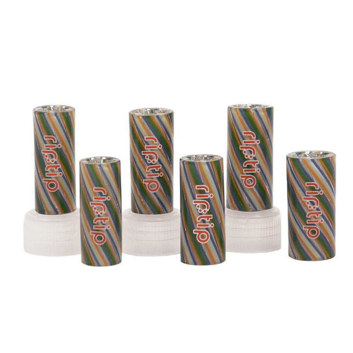 Phat Tuesday Gordo Scientific Rip Tips with yellow logo, reusable glass filter tips for joints, displayed upright on white caps.