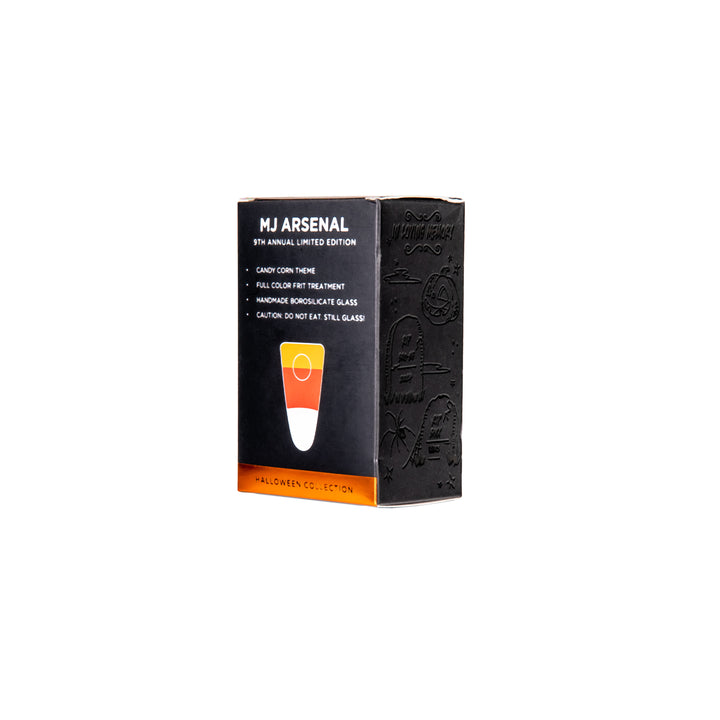 Back packaging of MJ Arsenal Candy Corn Pipe with specifications, MJ Arsenal logo, and limited Halloween edition label