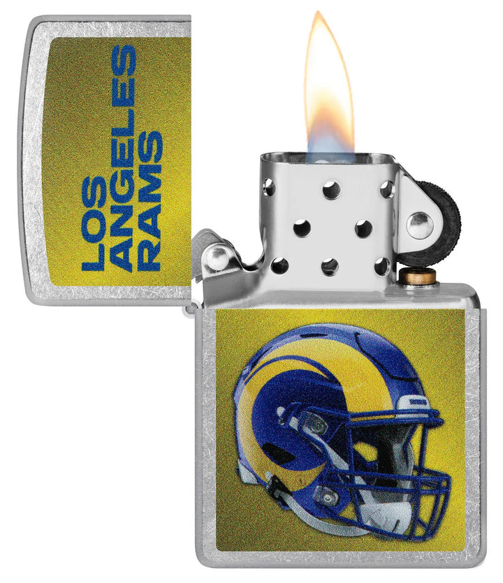 NFL Rams Zippo Lighter featuring Los Angeles Rams logo and helmet design. Windproof and refillable, ideal for dedicated NFL fans.