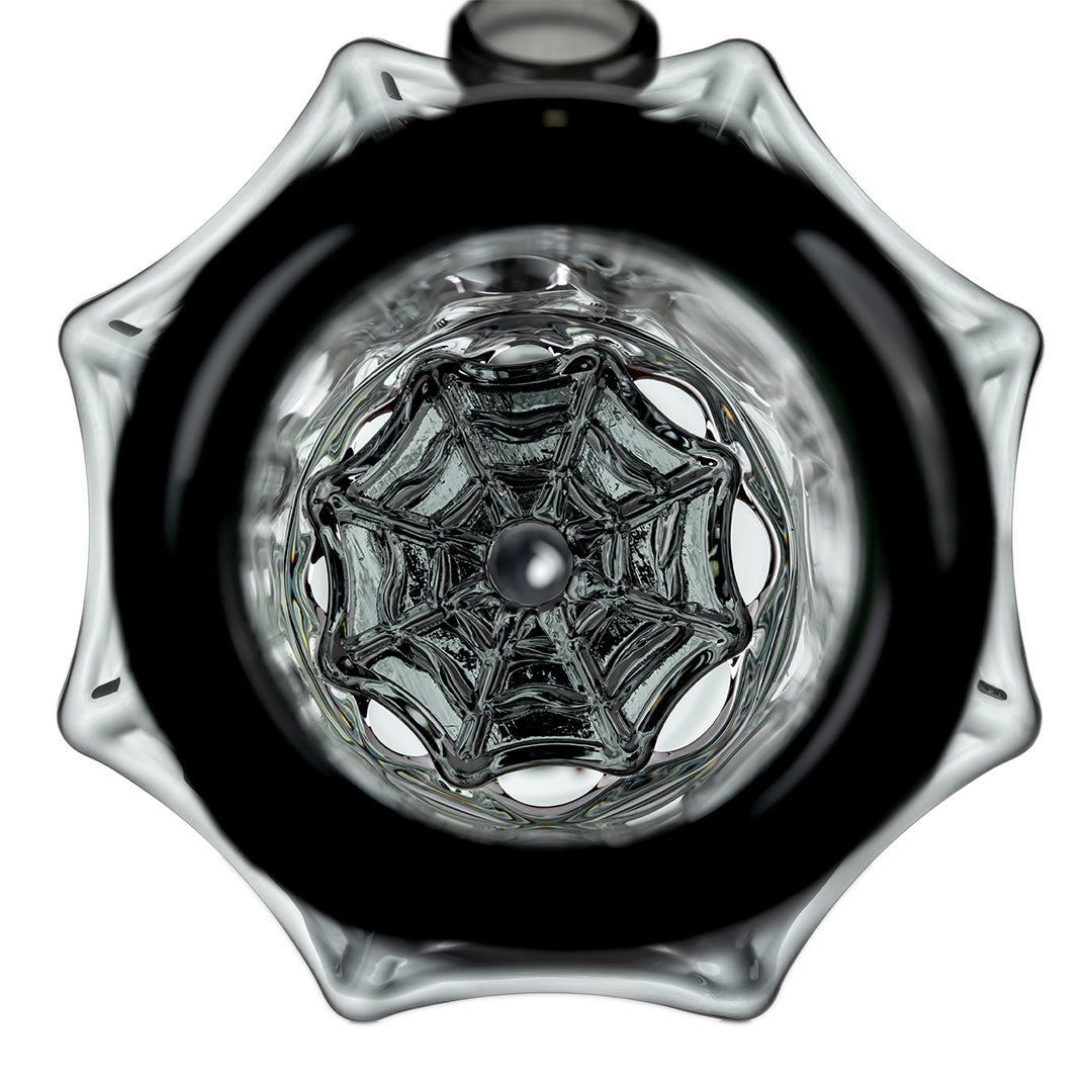 Top-down view of MJ Arsenal Widowmaker Bong mouthpiece and built-in spiderweb ice catcher
