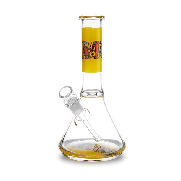 Keith Haring Glass Water Pipe in Multi Yellow, artist-series borosilicate water pipe