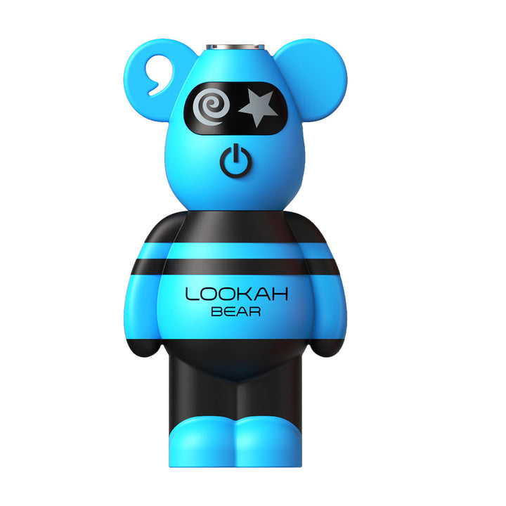 LOOKAH Bear 510 Battery in blue and black with cartoon bear design, featuring power button and universal cartridge compatibility for vaping.