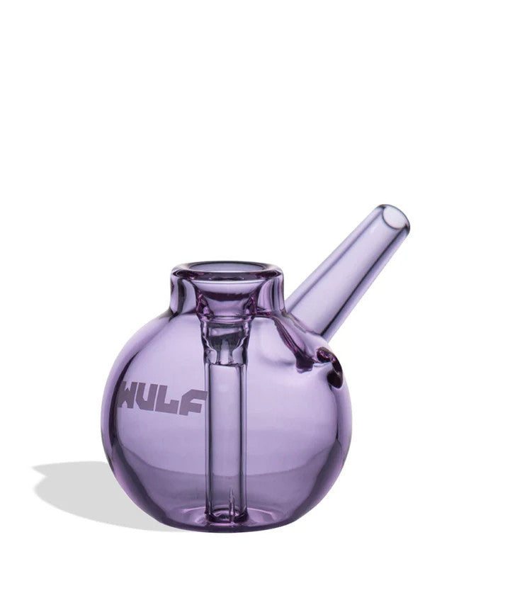purple wulf mods beek bubbler shown front angled to display the spherical water chamber and angled draw stem