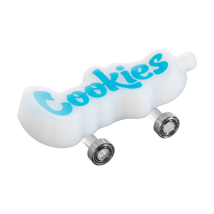 Cookies Toke Deck white skateboard-shaped hand pipe with functional wheels and single hole push bowl top view