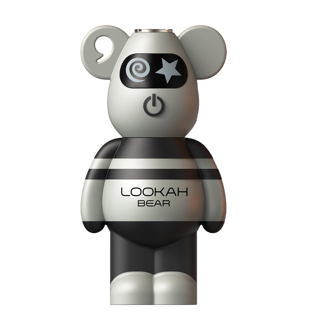 LOOKAH Bear 510 Battery in black and gray with cartoon bear design, compatible with 510 cartridges and featuring 3 voltage settings for vaping.