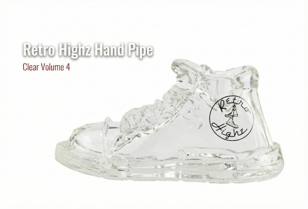 Retro Highz Sneaker Pipe Clear – side view showing sculpted laces, sole texture, and fully transparent glass body.