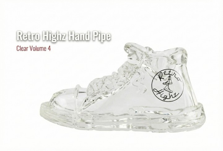 Retro Highz Sneaker Pipe Clear – side view showing sculpted laces, sole texture, and fully transparent glass body.