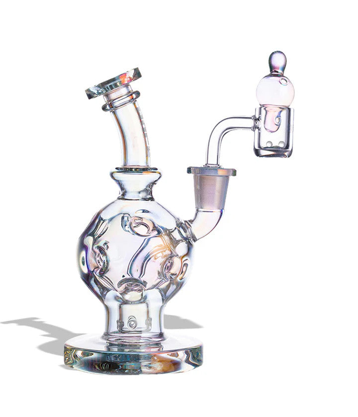 Wulf Mods Atom 14mm Dab Rig in Full Color finish, angled view highlighting multicolor accents, spherical percolation chamber, and included 14mm quartz banger.