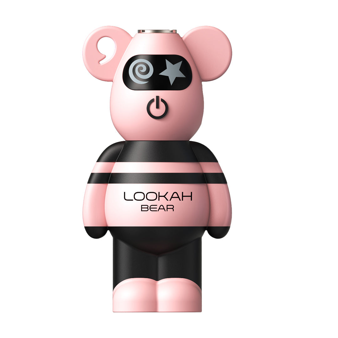LOOKAH Bear 510 Battery in pink and black with cartoon bear design, offering cartridge compatibility and 3 voltage settings for versatile vaping.