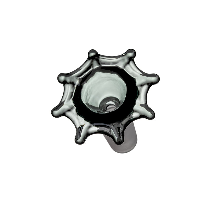 Angled image of MJ Arsenal Spiderweb Bowl attached to bong showcasing Halloween design