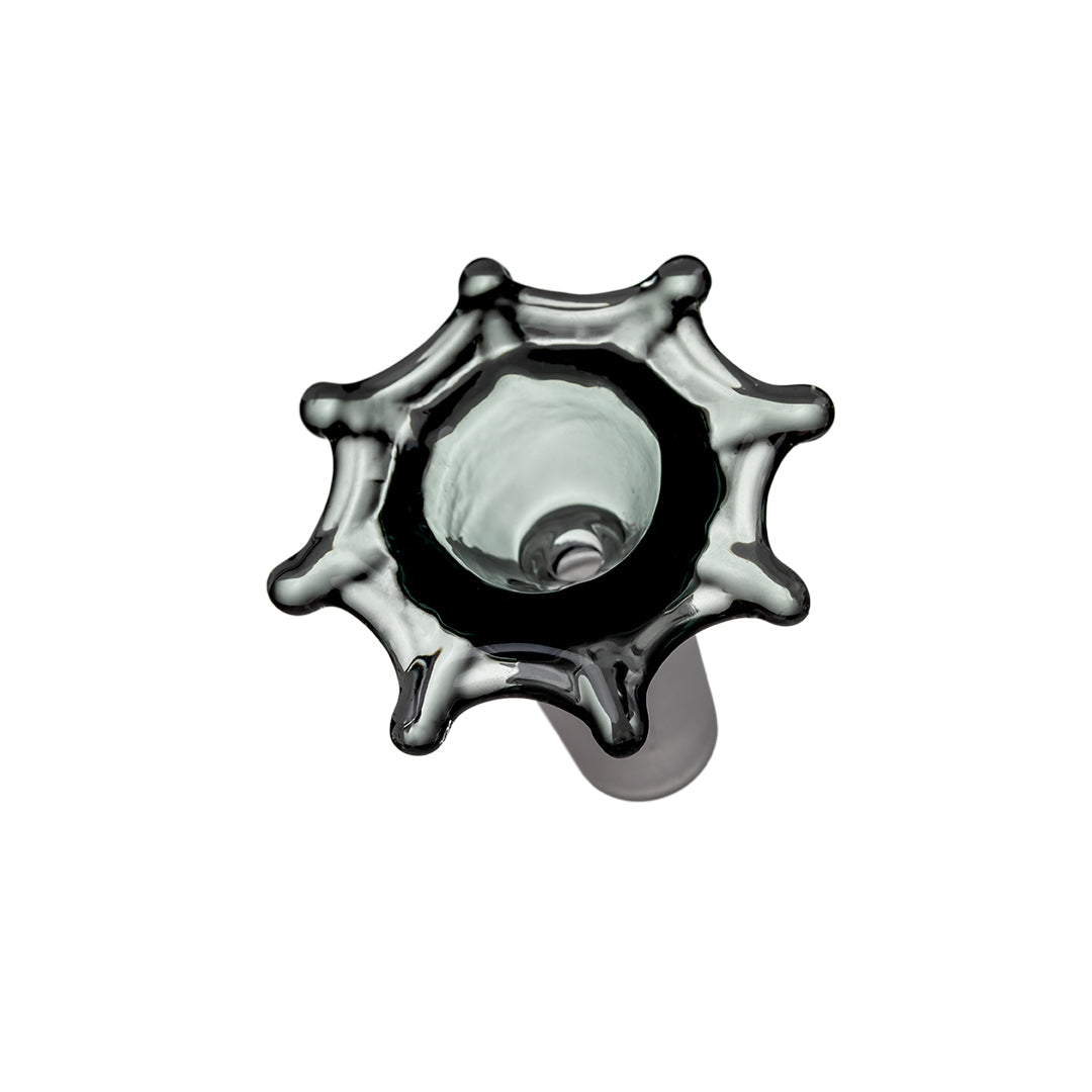 Angled image of MJ Arsenal Spiderweb Bowl attached to bong showcasing Halloween design