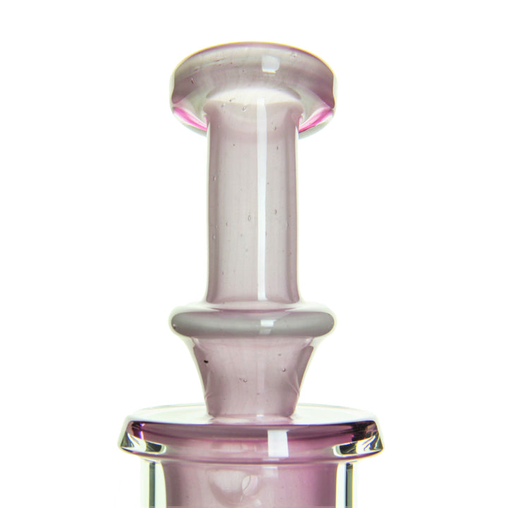 Close-up of the bent neck on the Leisure Glass Incycler Karma Over Mint, showcasing high-quality glass craftsmanship and unique color detailing.