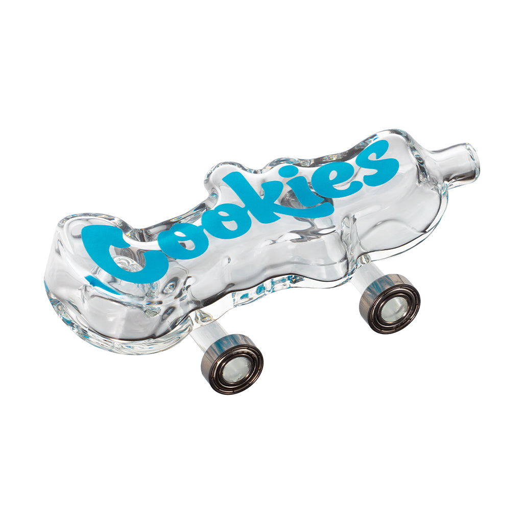 Cookies clear Toke Deck skateboard-shaped hand pipe with functional wheels and single hole push bowl top view