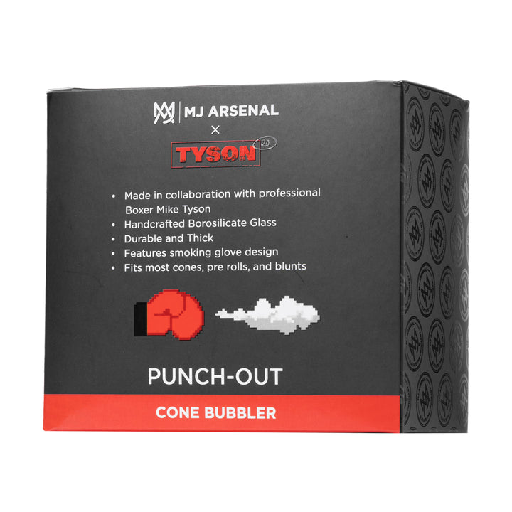 Back of MJ Arsenal Tyson 2.0 Punch-Out Blunt Bubbler packaging showing features and dimensions