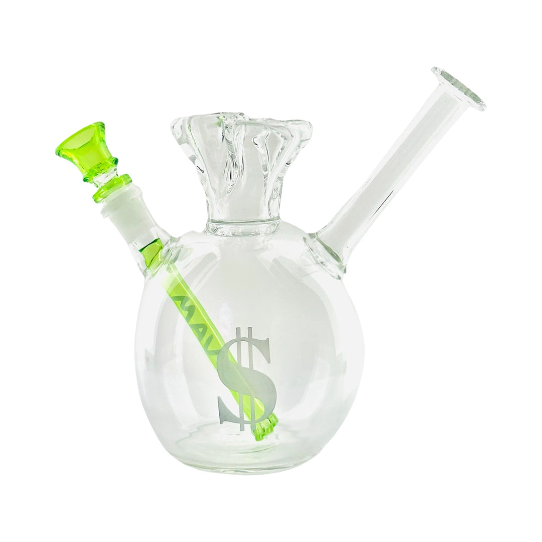 MAV Money Bag Bong with a clear glass body shaped like a money bag, laser-engraved dollar sign, and green 18mm bowl. Compact and stylish.