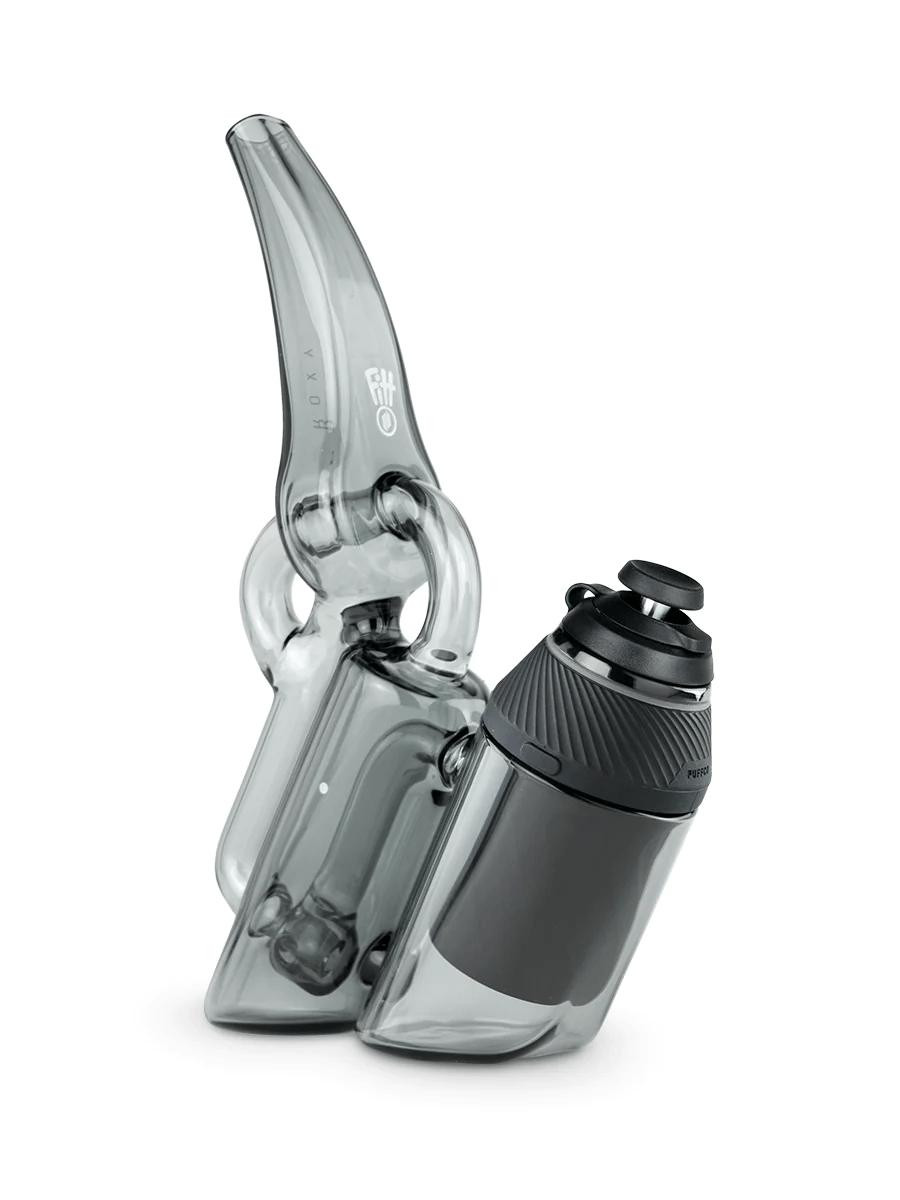 Angled view of Puffco Proxy Recycler with attached vaporizer, highlighting Ryan Fitt’s signature glasswork and ergonomic design.